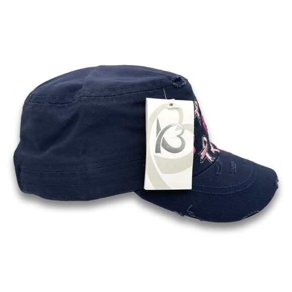 Pink Ribbon Army Cadet Hat Rhinestone French Round Bill BDU Baseball Castro Cap - Picture 5 of 6